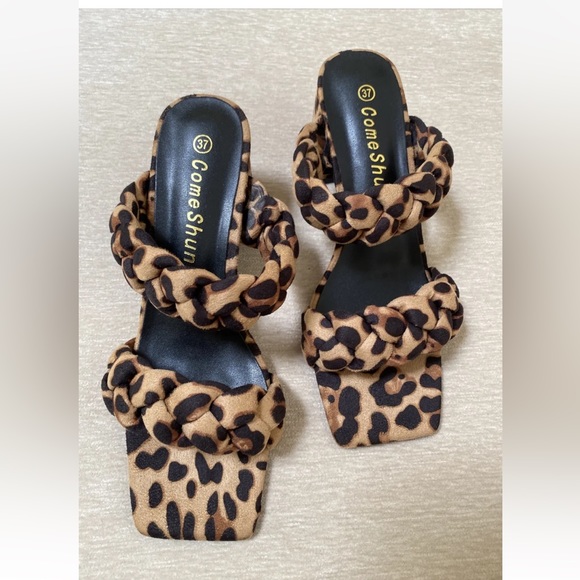 Shoes - Women’s Low Block Sandals Heels Mules Braided Square Toe Shoes Leopard Size 7